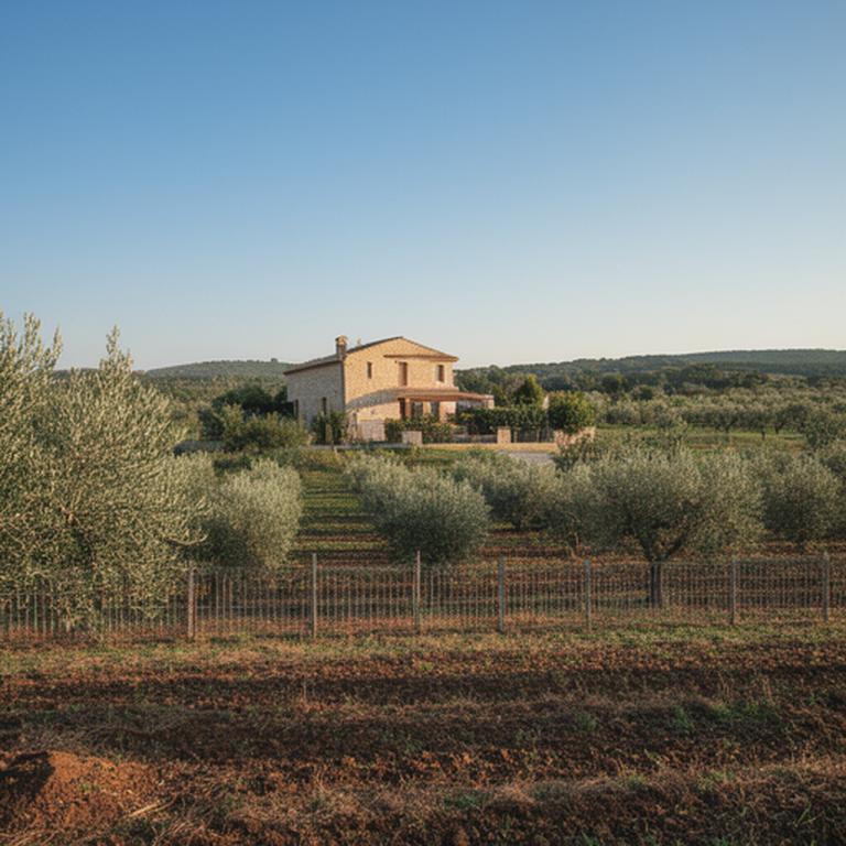 Casa di campagna e terreno agricolo nella campagna di Melilli con recinzione, ulivi e cielo limpido nel pomeriggio
