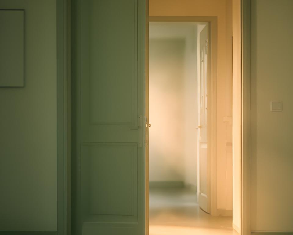 Porta socchiusa con luce calda che entra in un corridoio silenzioso, atmosfera di protezione e ripartenza
